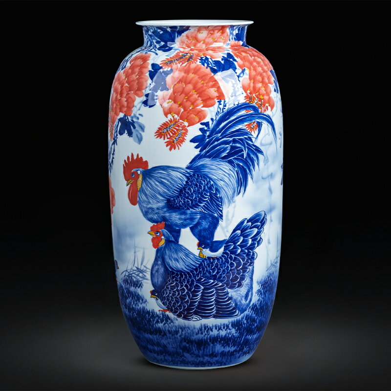 景德鎮陶瓷器手繪青花瓷公雞圖合家歡樂冬瓜瓶大號落地客廳裝飾品