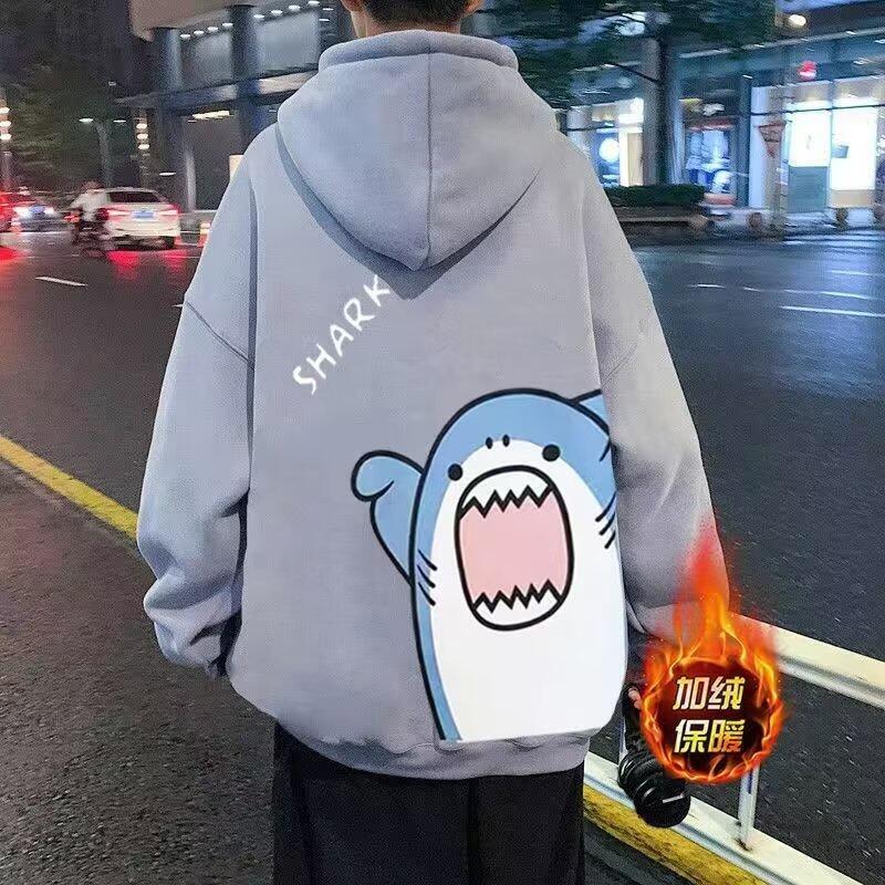 【歡樂購】M-8XL 鯊魚 加絨連帽衛 內刷毛 大尺碼連帽大學T 男生加大碼帽T 男生長袖帽T 帽T 情侶 大學T 連