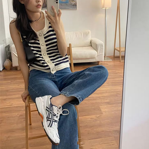 ANNAS 正韓 小香 洞洞 背心 無袖 上衣 針織衫 條紋 外套 外搭 金屬釦 珍珠釦 韓國 4