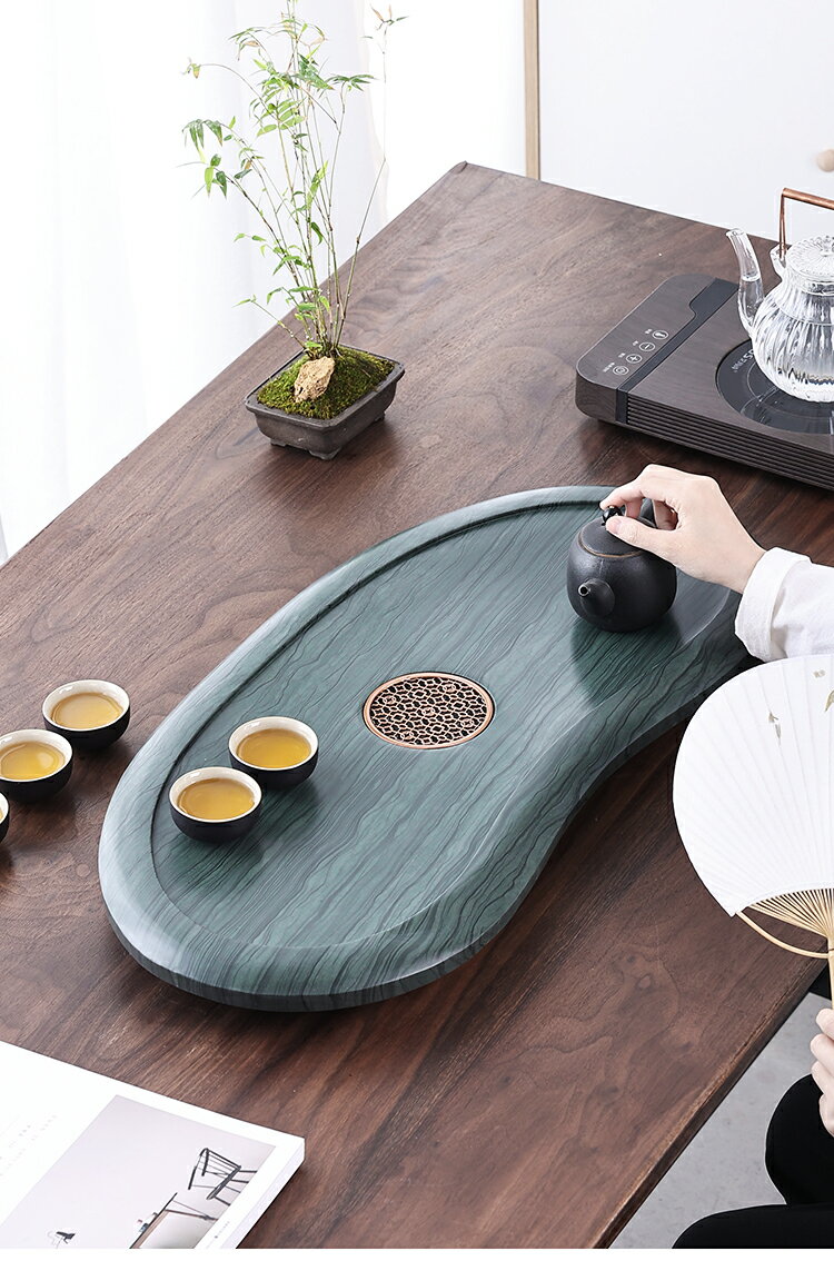 整塊天然木紋石茶盤現代圓形中式簡約家用辦公室茶臺烏金石頭茶海 5