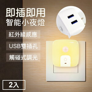 TheLife嚴選 雙USB供電孔紅外線感應燈小夜燈2入-插頭式【MC0232】(SC0041)