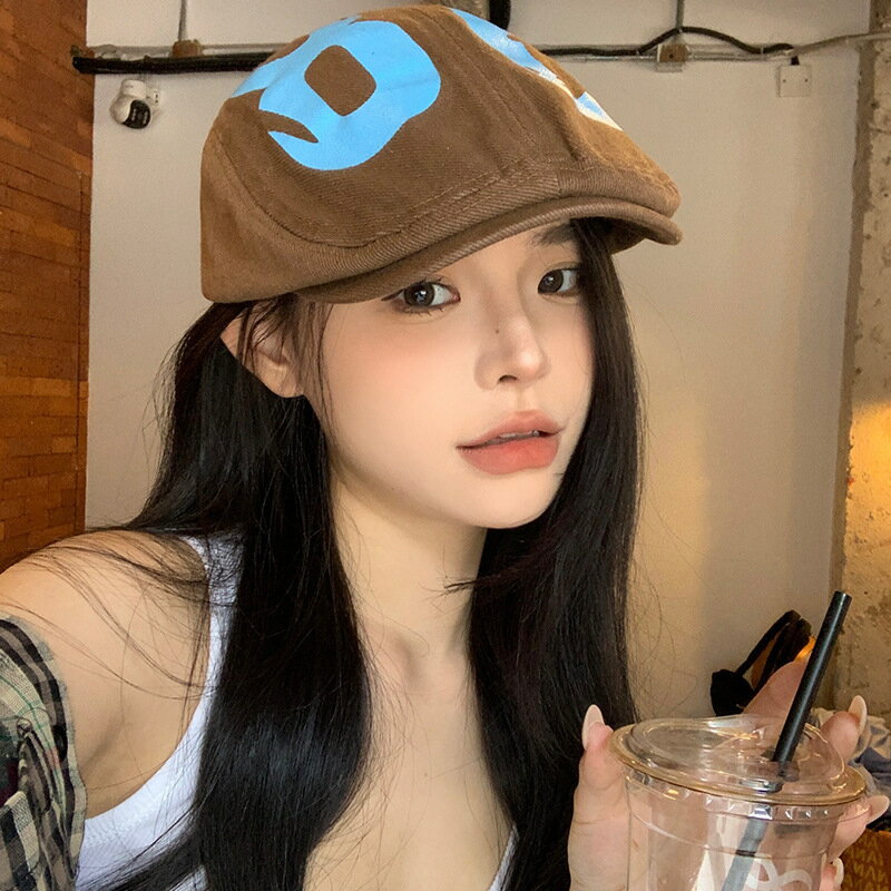 小眾美式復古塗鴉前進帽子女春秋季男街頭時尚報童帽畫家帽顯臉小