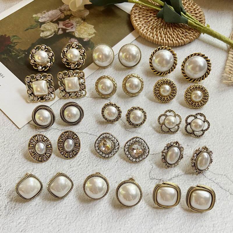 韓國網紅ins復古氣質簡約百搭做舊金屬圓形珍珠925銀針耳環耳飾女