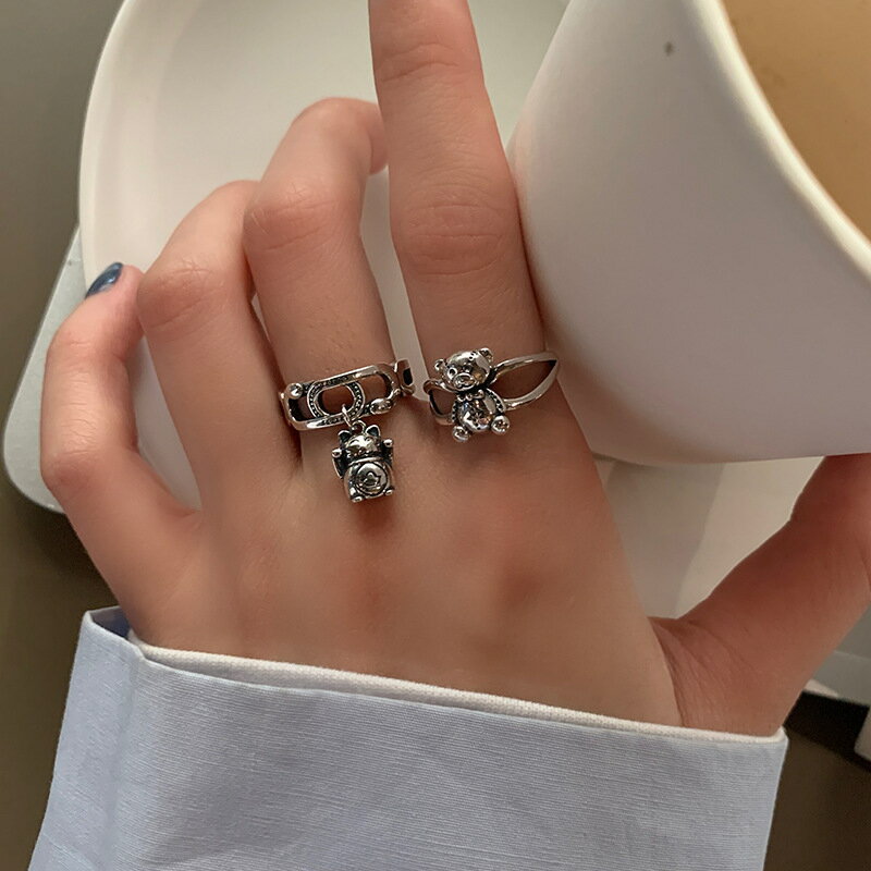 新款 時尚招財貓925純銀小眾設計復古戒指開口指環個性鏈條獨特潮