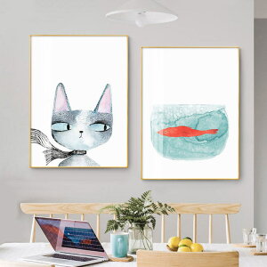 貓和魚簡約客廳裝飾畫北歐卡通文藝清新飯廳餐桌壁畫現代墻面掛畫