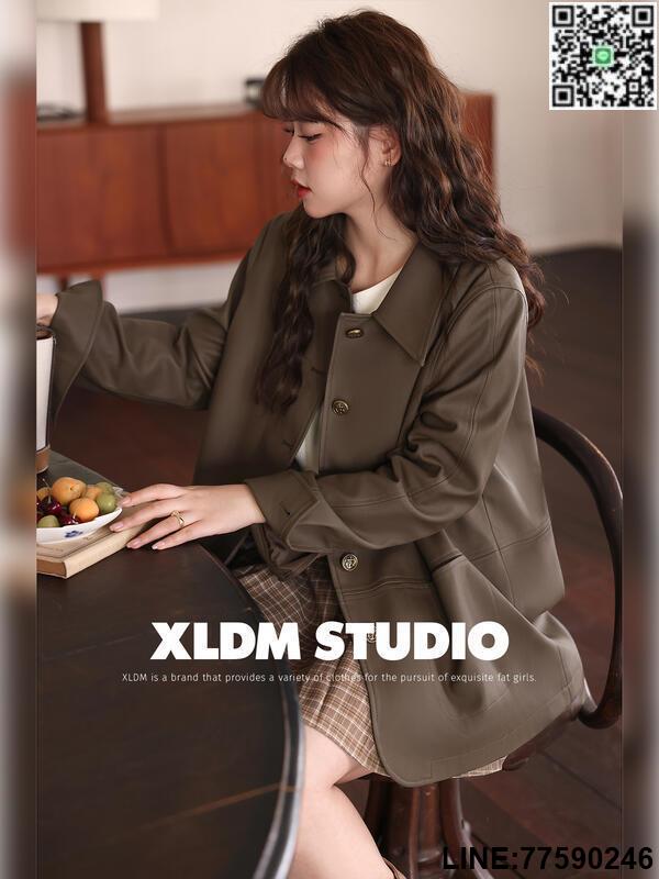 【歡樂購】小儷自制大碼女裝 美拉德穿搭胖mm翻領PU皮衣寬松外套2024秋季