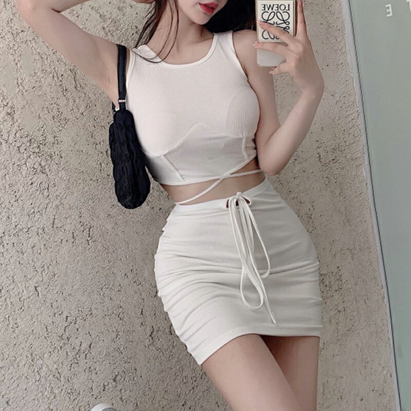 純欲風辣妹套裝女夏季新款綁帶吊帶背心+包臀半身裙兩件套