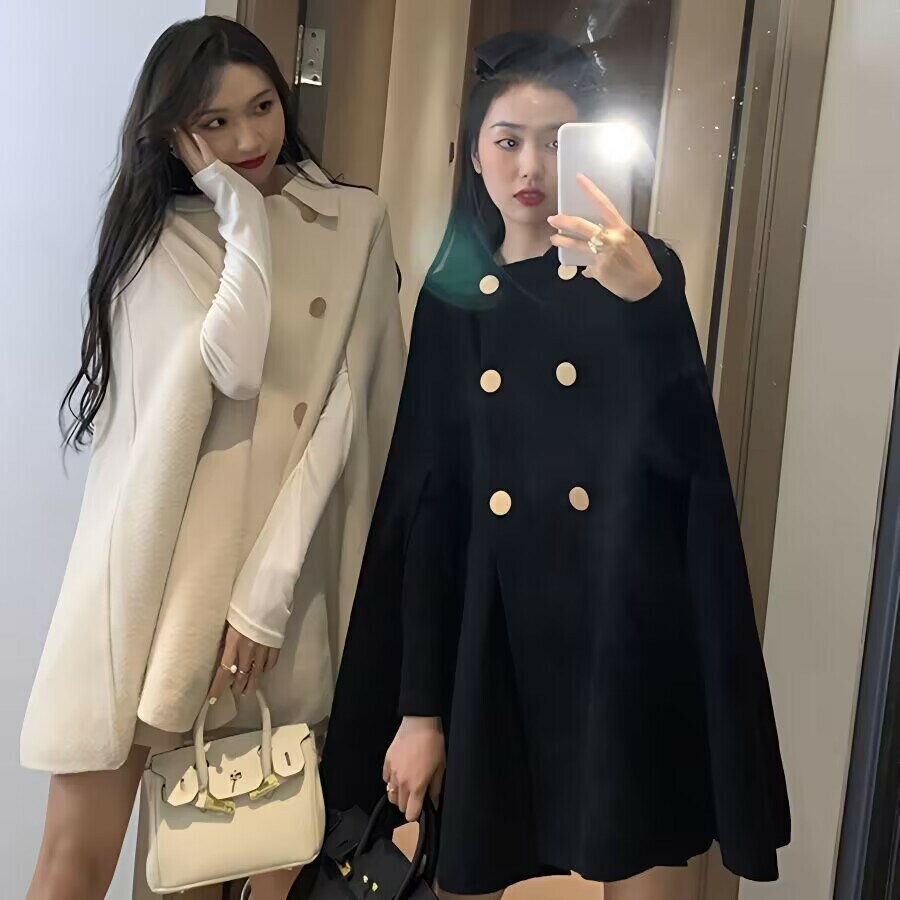 FUXI 斗篷外套女 英倫風呢子外套 大衣外套 中長款外套 百搭披肩 上衣 韓版寬鬆呢大衣外套 女裝 衣服