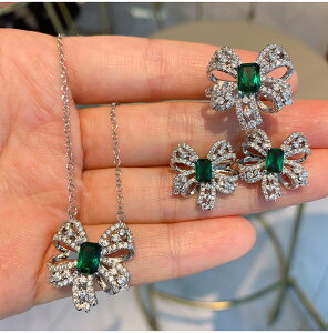XIUSHU人工祖母綠蝴蝶結戒指女托帕藍套裝小眾設計輕奢新品