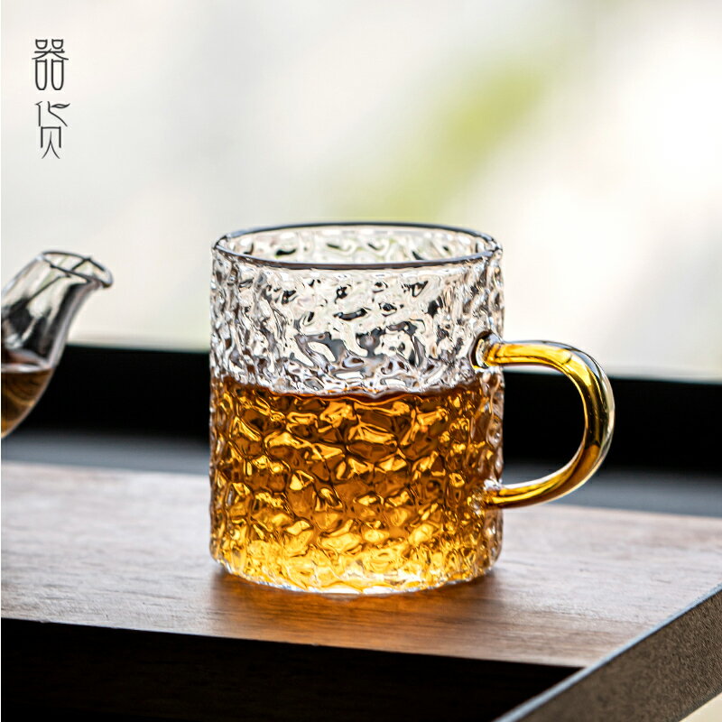 日式錘紋玻璃杯帶把家用功夫茶具耐熱品茗杯主人杯小茶杯子酒杯
