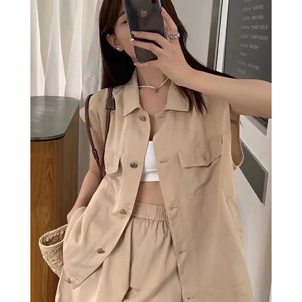 ANNAS 正韓 便宜款 修飾手臂 棉麻無袖西裝套裝 長版背心短褲 休閒 顯瘦 性感 韓國 1