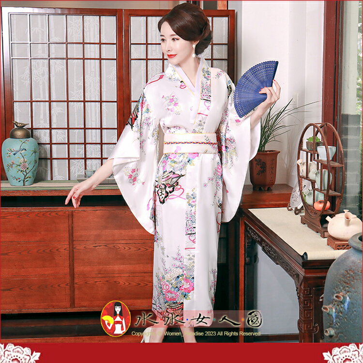 熱賣爆款！日式綢緞和服浴衣睡袍，復古印花，東瀛和服風，少女寫真舞臺表演必備-櫻花(白色) -水水女人國