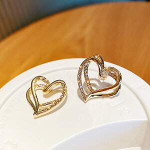 925銀針時尚設計感雙層鏤空愛心韓國網紅個性甜美耳環閃鉆耳飾女