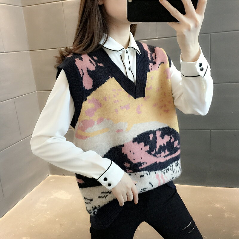 背心外套女春裝2021年新款韓版寬松外穿V領針織馬甲時尚外搭毛衣