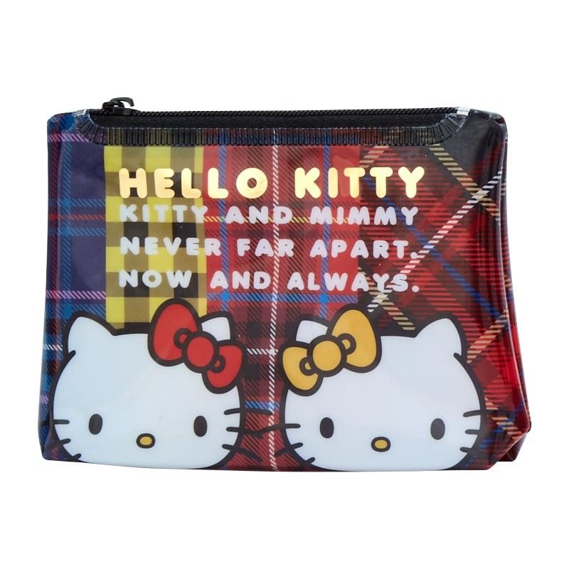 asdfkitty*KITTY蘇格蘭紋 防水 拉鍊零錢包 迷你化妝包 紅藍雙胞胎-日本正版商品