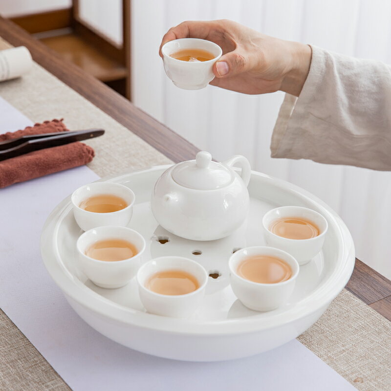 羊脂玉白瓷干泡茶盤儲水小型家用小茶臺現代陶瓷潮汕功夫茶具托盤