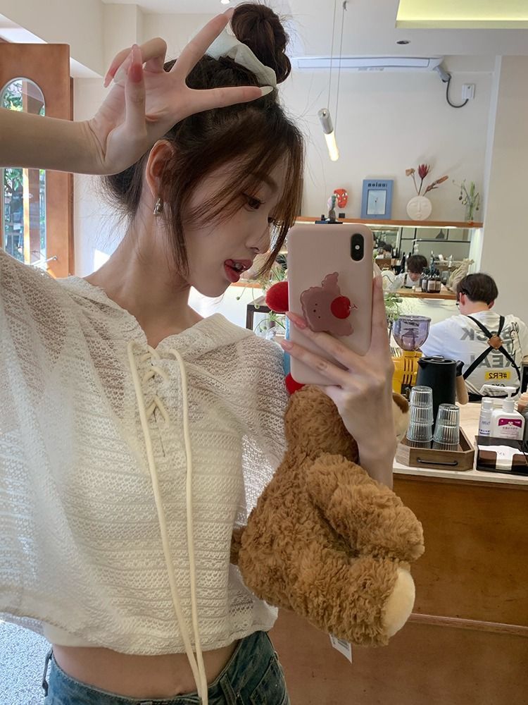 短款外套防曬蕾絲衫慵懶寬松鏤空針織防曬女薄款連帽上衣夏季新款