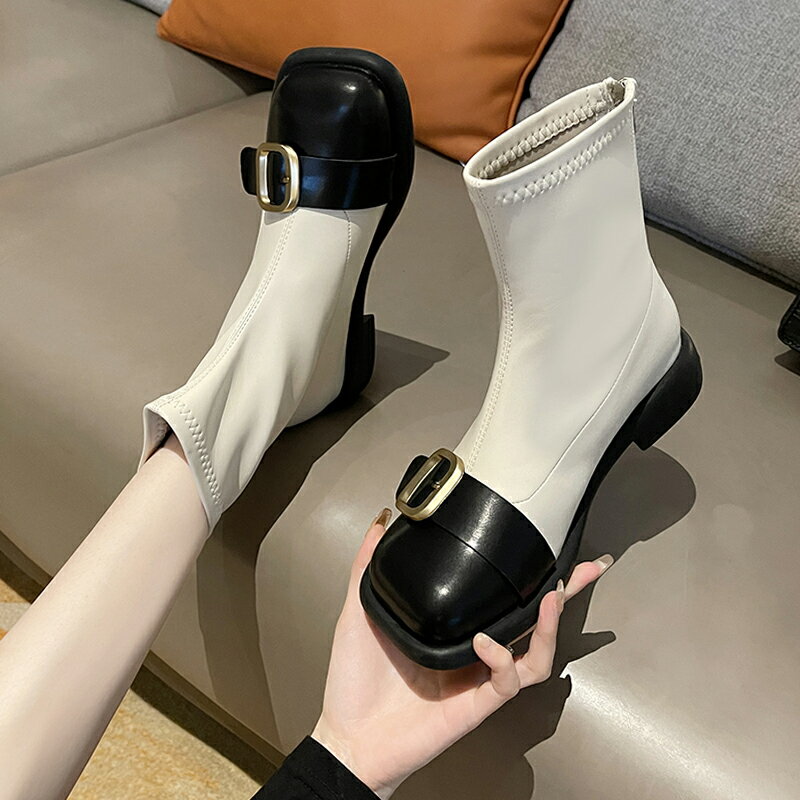 2021新款拼色馬丁靴切爾西時尚增高女鞋夏短筒女靴馬銜扣厚底套筒