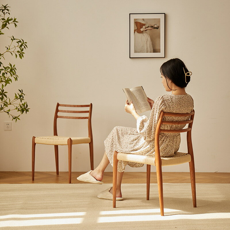 開發票 北歐簡約繩編餐椅設計師實木日式原木風中古餐桌椅子咖啡廳靠背椅