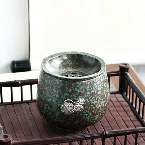 窯變綠茶洗家用陶瓷禪意貼花中式復古茶具配件帶蓋水盂