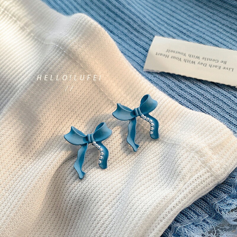 藍色蝴蝶結珍珠耳釘ins風清新可愛耳環女氣質小眾設計高級感耳飾