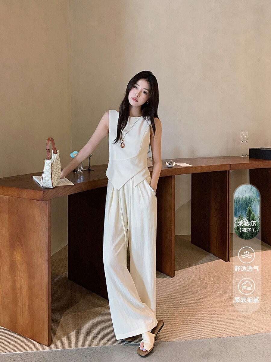 島歌夫人法式氣質天絲套裝夏女設計感小眾寬褲仿棉麻亞麻兩件套