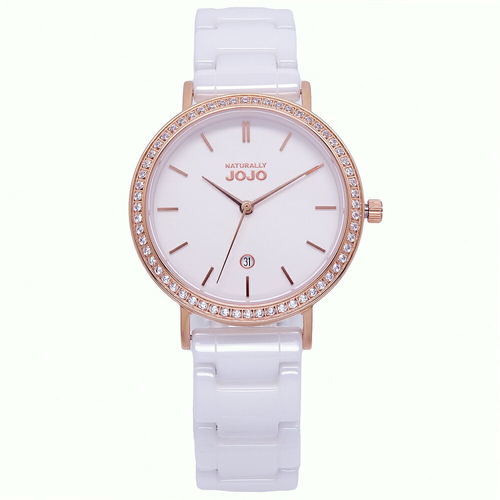 NATURALLY JOJO 璀璨晶漾陶瓷腕錶-玫瑰金+白-JO96980-80R