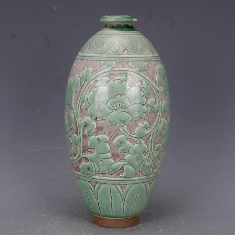 宋磁州窯刻纏枝花紋橄欖瓶仿古老貨瓷器家居中式裝飾擺件古玩收藏1入