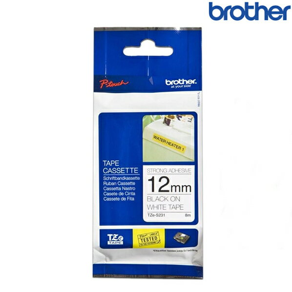 Brother兄弟 TZe-S231 白底黑字 標籤帶 超黏性護貝系列 (寬度12mm) 標籤貼紙 色帶