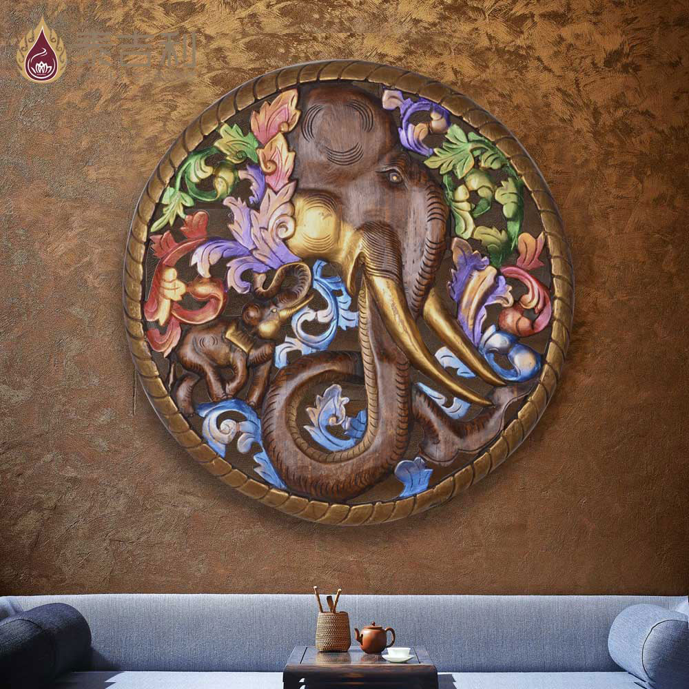 圓形木雕掛件泰國工藝品鏤空雕花板東南亞家居飾品客廳墻面裝飾1入