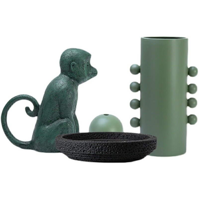 北歐極簡灰綠動物猴子擺件現代簡約陶瓷圓球花器果盤玄關軟裝飾品 4