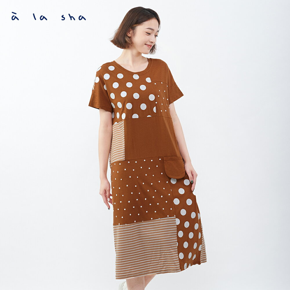 大點小點條紋拼接長洋裝