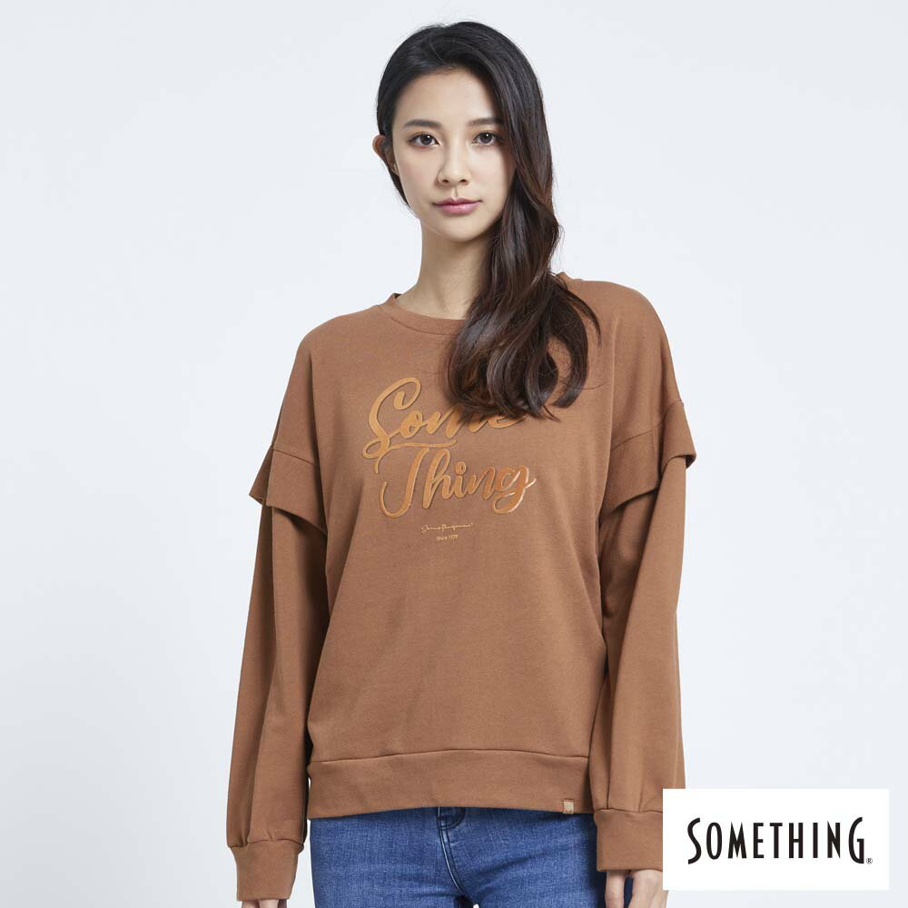 SOMETHING 女款 前剪接織領長袖T恤 (暗咖啡)