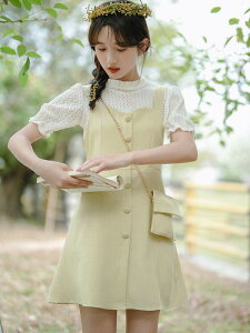 韓系荷葉邊襯衫甜美學院日系兩件套裝單排扣背帶連身裙女夏季