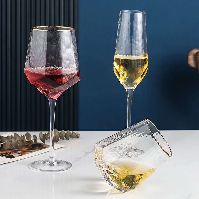 紅酒杯高腳杯創意個性水晶玻璃錘紋描金香檳杯ins風北歐套裝家用
