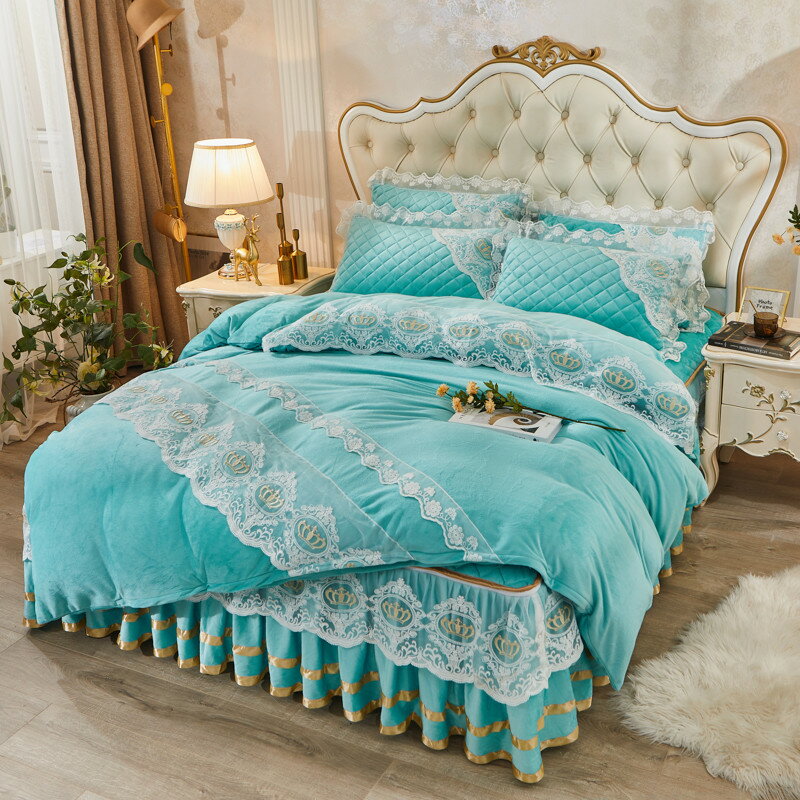 韓式水晶絨床裙四件套公主風夾棉加厚床罩蕾絲被套高檔絨床上用品