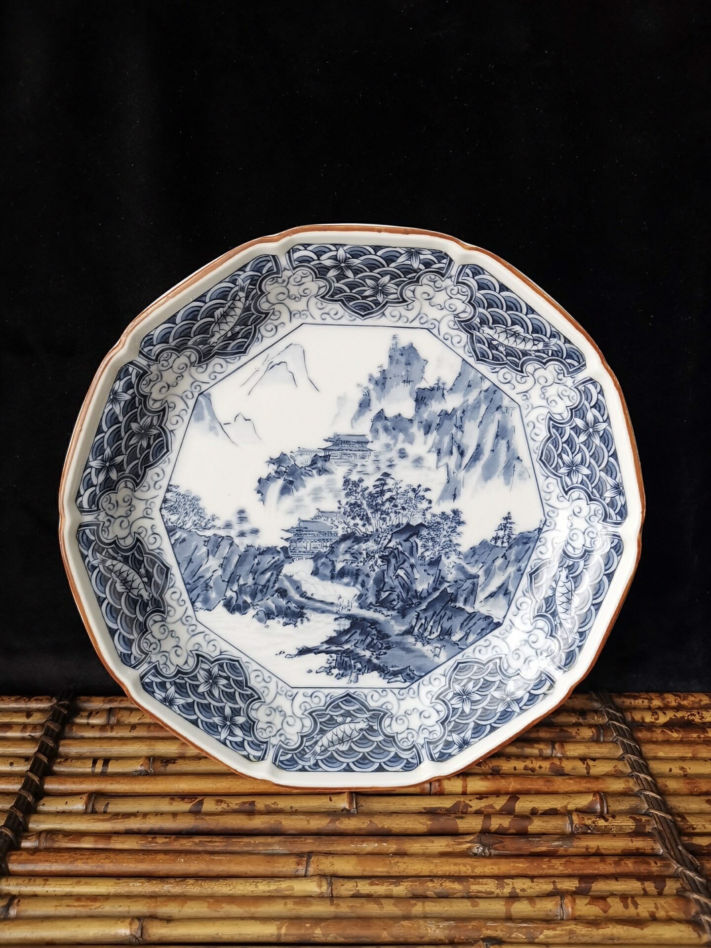 日本瓷器 木仙作 青花山水大賞盤  直徑23厘米