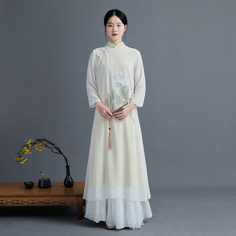 2021中國風改良版旗袍連衣裙女夏季中式雪紡復古禪意茶服文藝