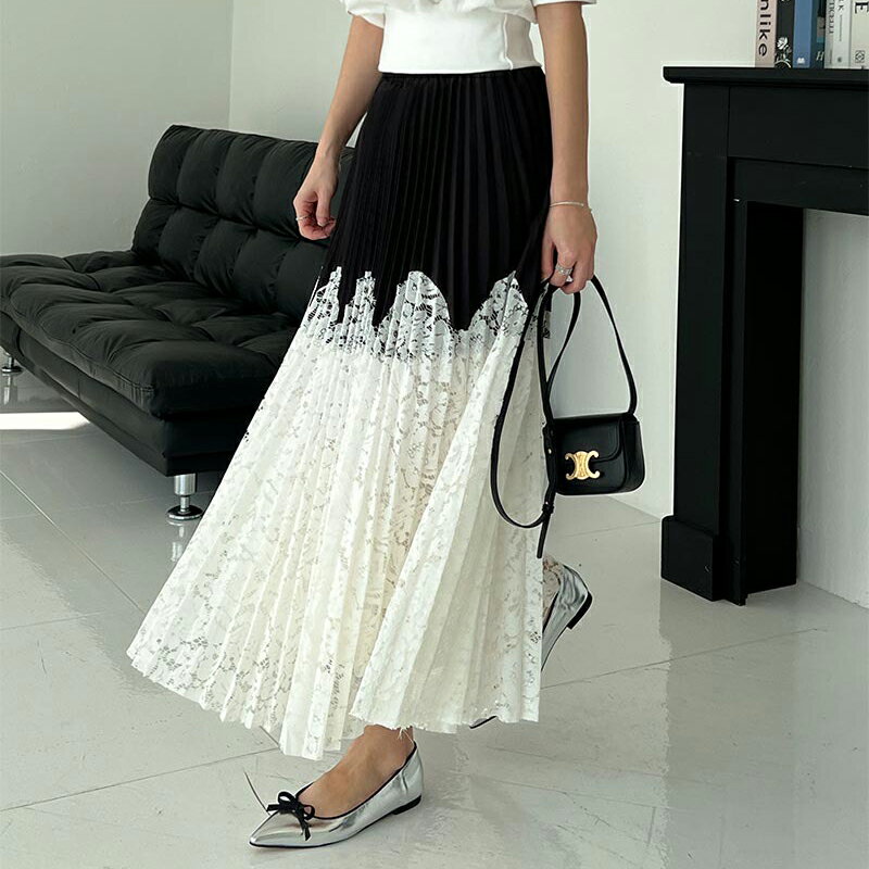 ANNAS 正韓拼接蕾絲百褶裙 百折裙 黑白撞色長裙 韓國裙子 精緻重工設計感 婚禮穿搭 2