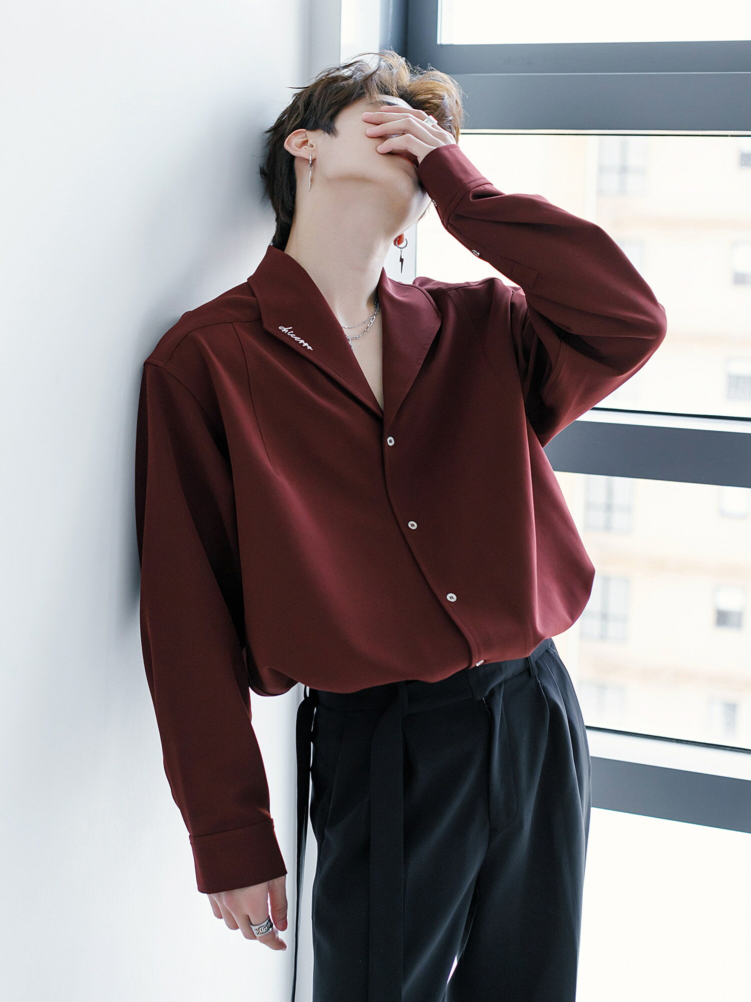 CHICERRO西西里男裝春季酒紅色痞帥高級感男士休閒長袖襯衫上衣潮
