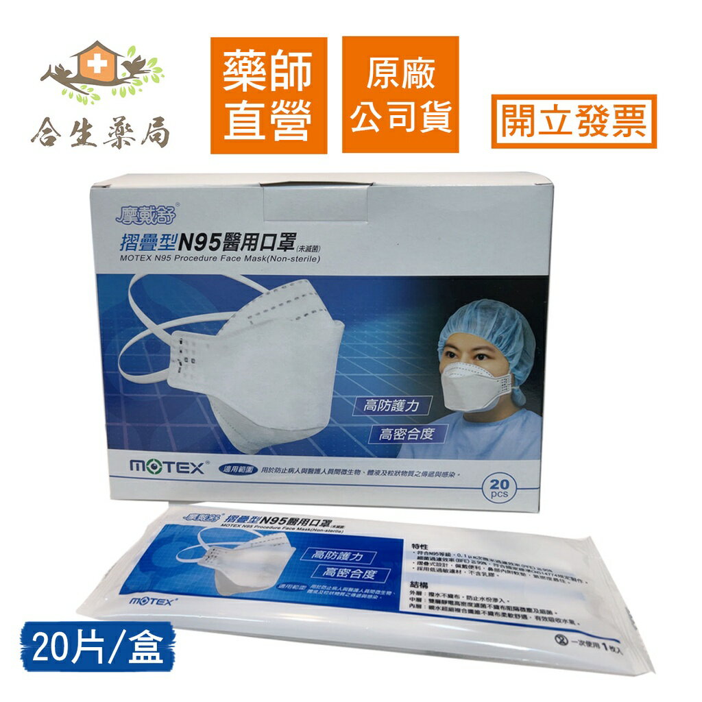 【合生藥局】MOTEX 摩戴舒 摺疊型 N95醫用口罩 (未滅菌) 20片/盒 台灣製造