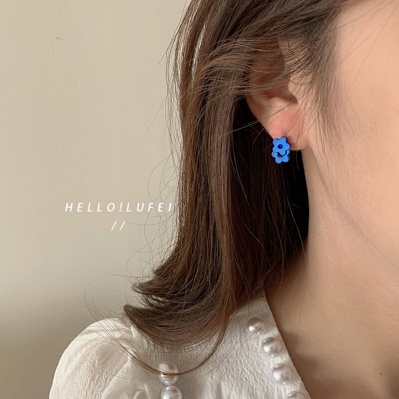 簡約小巧雙層藍色花朵耳釘少女韓國可愛小清新氣質耳環小眾耳飾夏