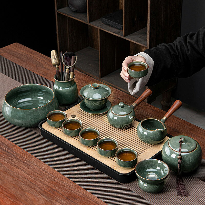 哥窯茶具套裝辦公室會客泡茶側把壺蓋碗中式高檔陶瓷功夫茶杯茶壺