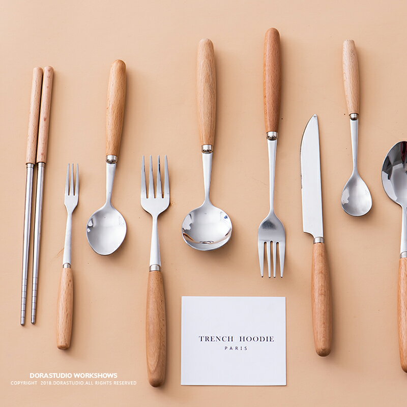 北歐風ins 日式便攜餐具木柄勺子 家用餐具可愛木柄筷 叉子水果叉
