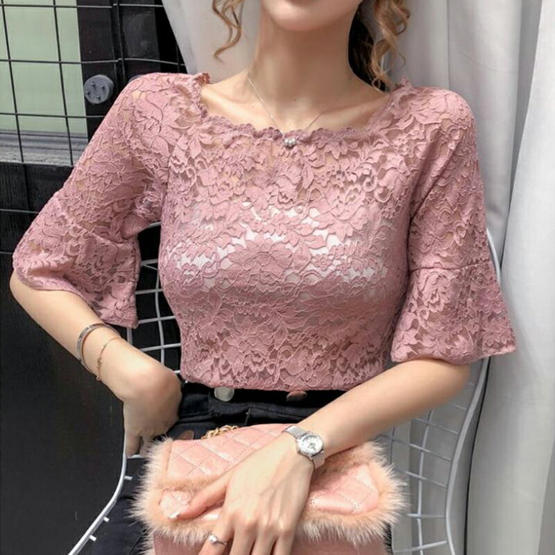 雷絲上衣女蕾絲夏季性感鏤空圓領短袖修身不規則上衣粉色小衫