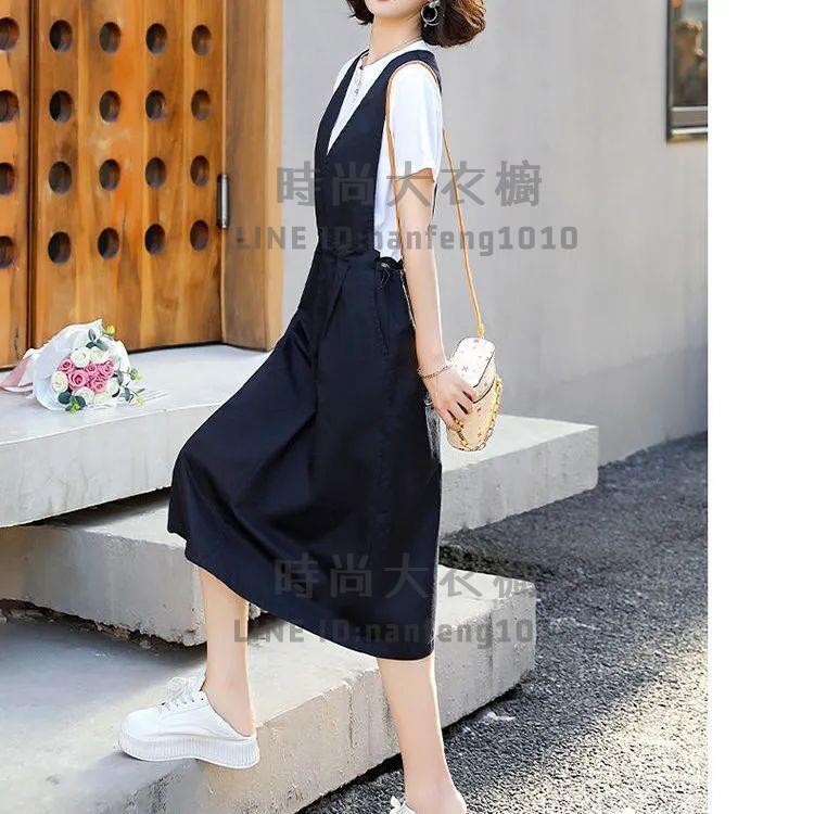 兩件式短袖裙裝套裝短袖t恤背帶裙純棉寬鬆顯瘦中長款過膝大碼連身裙【時尚大衣櫥】 2