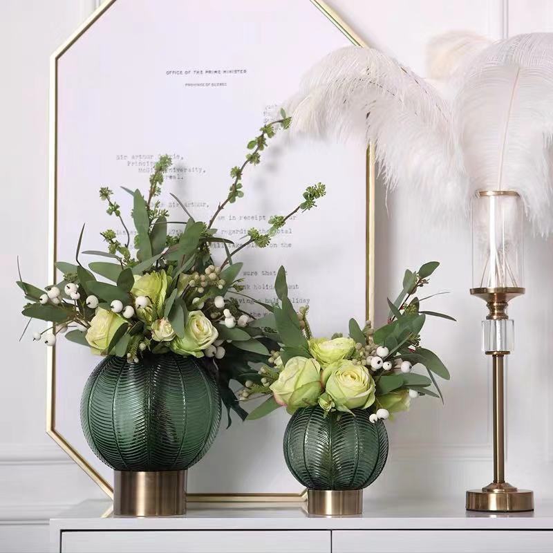 美式創意金屬玻璃花瓶擺件客廳插花干花輕奢花器家居裝飾