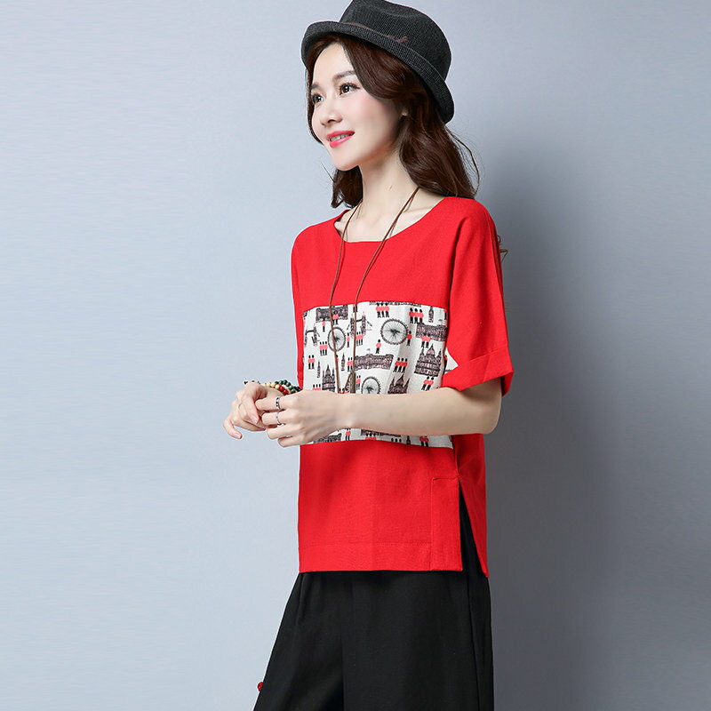 FINDSENSE G5 韓國時尚 夏季 新款 大尺碼 女裝 棉麻 拼接 T恤 短袖 上衣