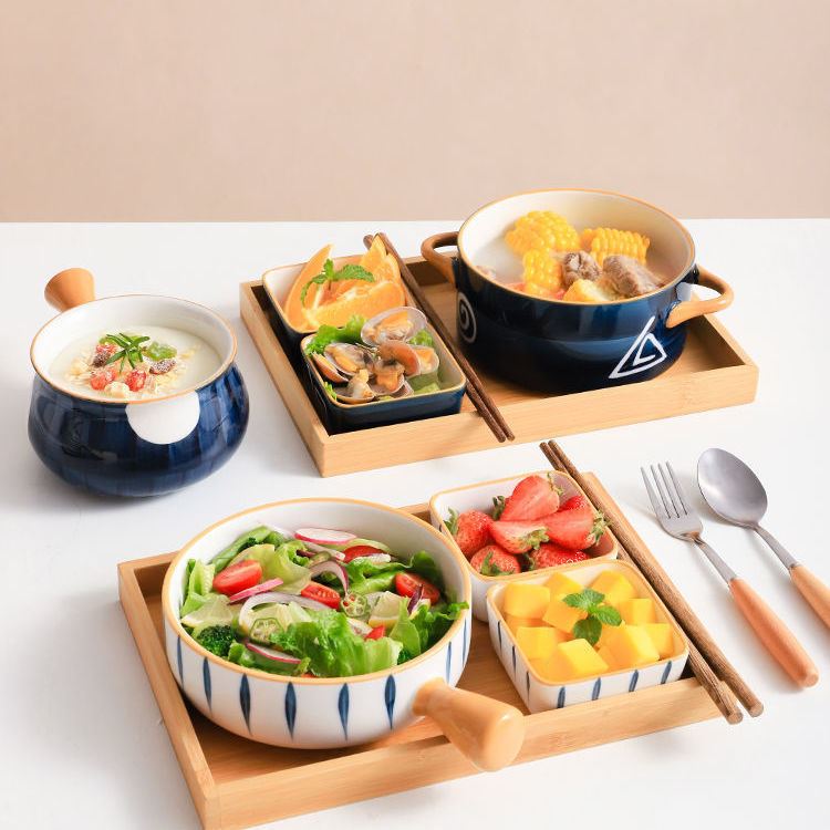 日式陶瓷面碗一人食餐具沙拉碗雙耳湯碗吃面碗碗碟套裝家用早餐碗
