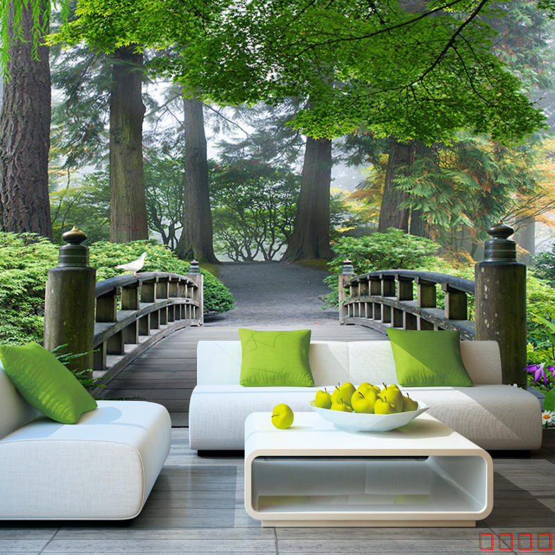 3d立體綠色森林風景墻紙電視背景墻壁紙客廳沙發田園樹林墻布壁畫